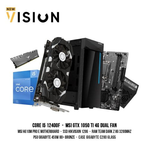 intel-core-i5-12400f-msi-gtx-1050-ti-4g-dual-fan-msi-h610m-pro-e-motherboard-ssd-hikvision-120g-ram-team-dark-z-8g-3200mhz-psu-gigabyte-450w-80-bronze-case-gigabyte-c200-glass